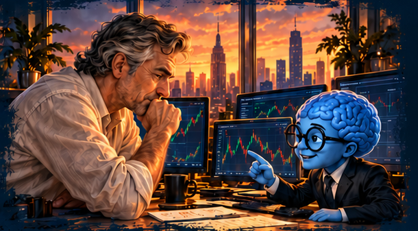 The trader studies the screens while SuperIntelligence points at a chart.