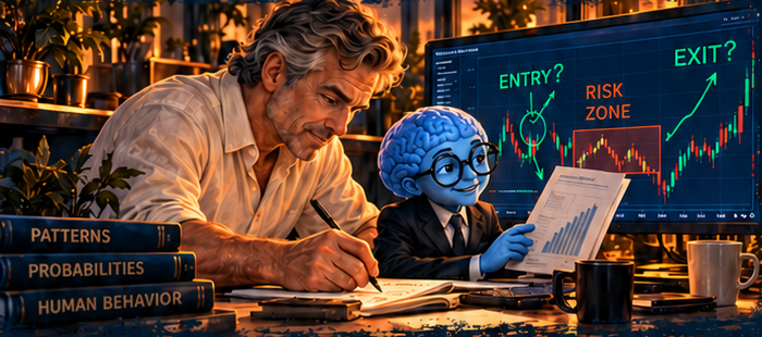 The trader writes while SuperIntelligence holds the numbers beside an entry and exit chart.