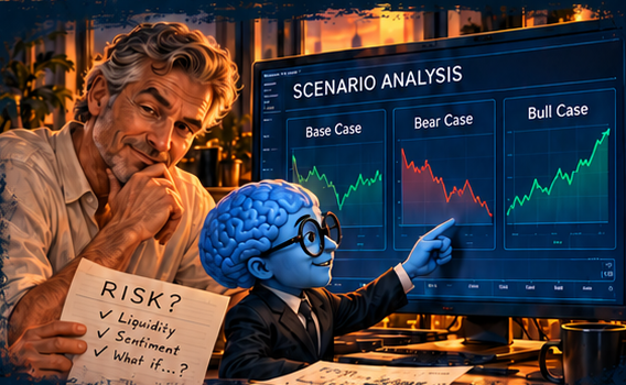 SuperIntelligence points to a scenario analysis while the trader holds a note that reads Risk?