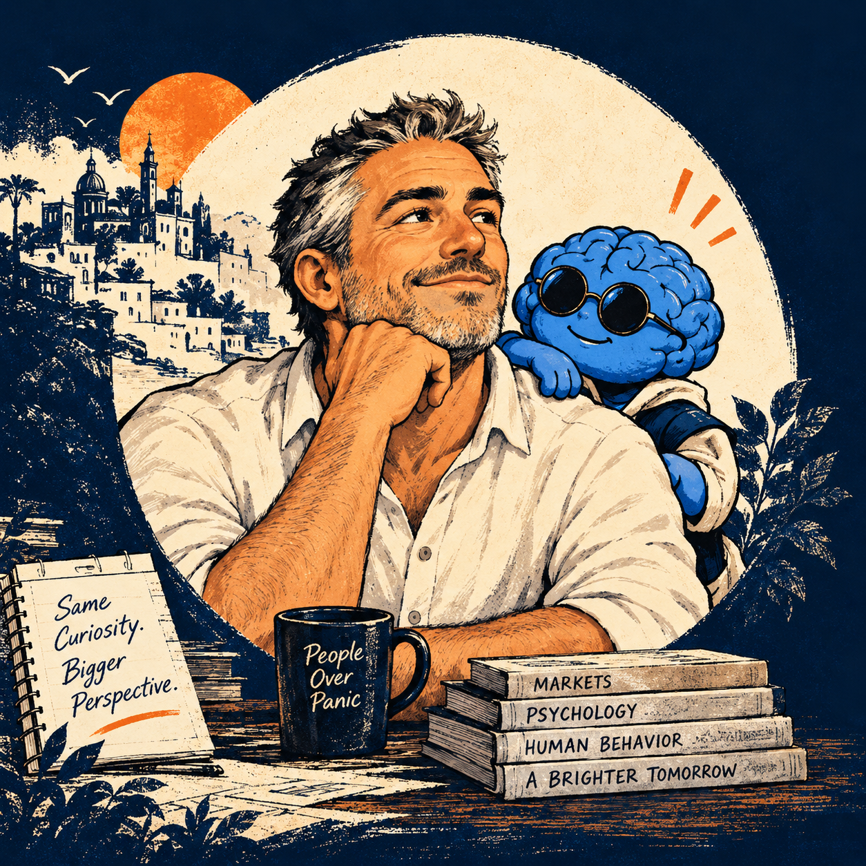 A trader rests his chin on his hand while SuperIntelligence leans on his shoulder. The notebook reads Same Curiosity. Bigger Perspective. The mug reads People Over Panic. The books are Markets, Psychology, Human Behavior, and A Brighter Tomorrow.